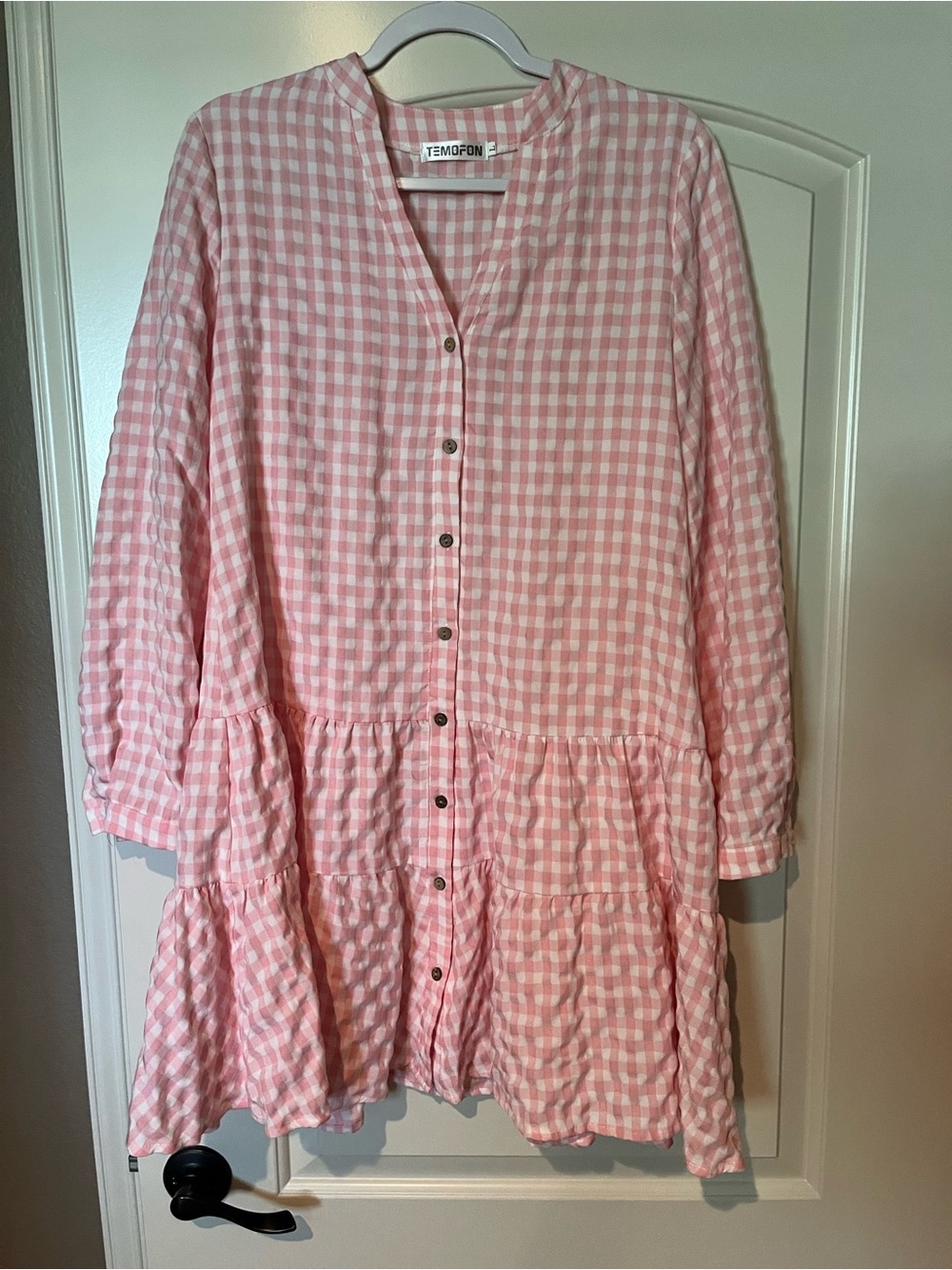 Temofon Pink Gingham Tiered Button-Front Casual Dress